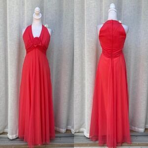 1960 Coral Pink Sleeveless Hollywood regency goddess empire style rose bud dress
